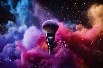 Two Soft cosmetic brushes release a cloud of colored smoke from bright eyeshadow and powder, cosmetics and beauty industry. Bright creative makeup, concept