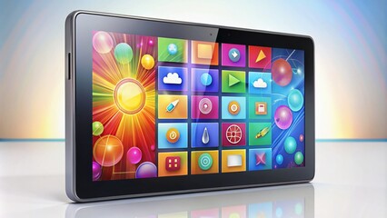 Sleek, modern tablet computer displaying a vibrant, colorful digital art board with creative design elements, shapes,