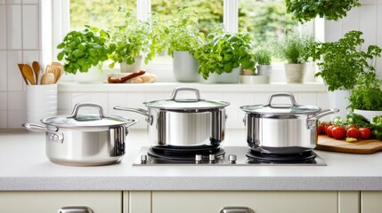 Wall Mural - Stylish stainless steel pots and pans rest on a bright kitchen stove, with sunlit tiles and green plants creating an inviting culinary space that radiates warmth