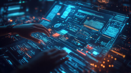 A close-up of hands typing on a futuristic computer with a glowing screen displaying complex data and information.