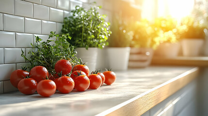 Fresh tomatoes and herbs on a kitchen counter, illuminated by sunlight.