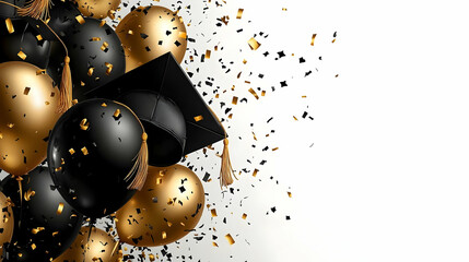 Graduation celebration with black and gold balloons and confetti.