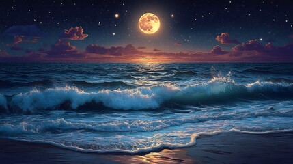 Wall Mural - Vector design of a serene moonlit ocean scene with gentle waves lapping against the shore and a glowing full moon reflecting on the water's surface