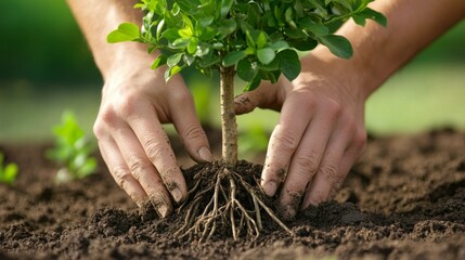 Poster - Close-up of a person planting a young tree in the soil, with their hands working the earth and a focus on the roots and fresh foliage