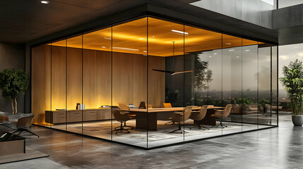 Modern glass office space with warm lighting and contemporary furniture.