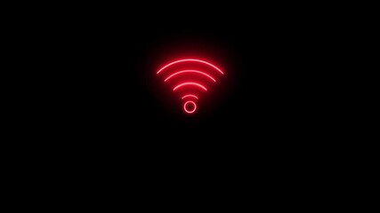 Wall Mural - Neon Wi-fi Sign Icon Animation. Glowing Neon Wireless Network Connection Symbol on Black Background.