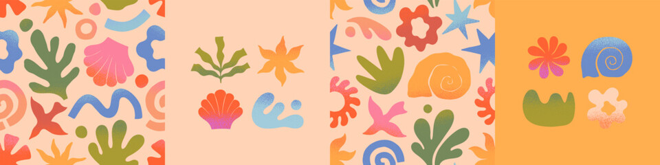 Wall Mural - vector summer cards.nature elements and seamless pattern.palm,sun,coral,seashell,wave.trendy designs