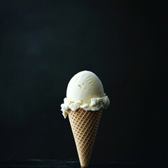 Wall Mural - Single scoop of vanilla ice cream in a waffle cone against a dark background.