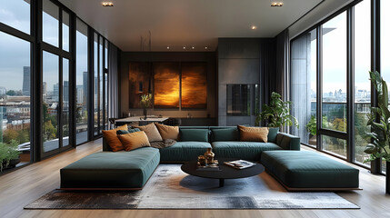 Wall Mural - Modern living room with large windows, stylish furniture, and a city view.