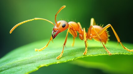 Poster - Close-up of a single ant crawling on a leaf, showcasing its detailed legs, antennae, and body structure against a clean background