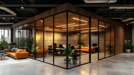 Wall Mural - Modern office space with glass walls, plants, and a cozy seating area.