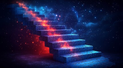Canvas Print - vector design of a staircase made of puzzle pieces leading upward representing the stepbystep proces
