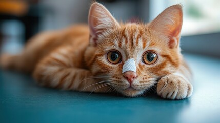 Wall Mural - An orange tabby cat with a bandage resting on a table.