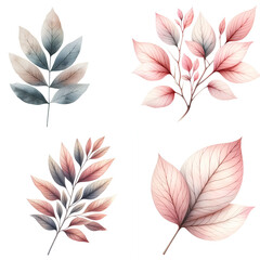 Wall Mural - Cute cartoon set of leaves on white background.AI