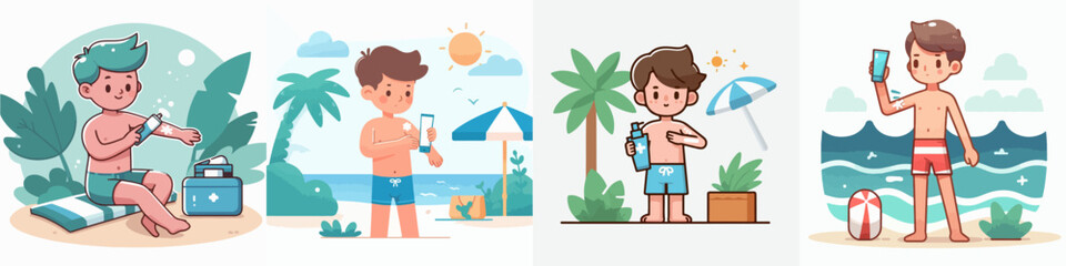 Canvas Print - boy and girl vector collection applying sunscreen