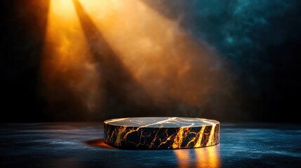 Poster - A dramatic spotlight shines on a circular marble pedestal, creating an artistic display of light and shadow.