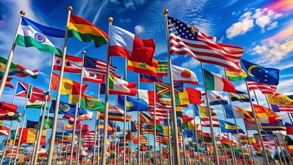 Vibrant flags of the world waving in the wind, forming a colorful and dynamic mosaic, symbolizing global unity