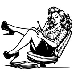 pin up girl secretary vintage style line art black vector