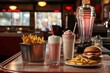 © PinkiePie - Classic American diner setting with milkshakes, burgers, and fries on the counter