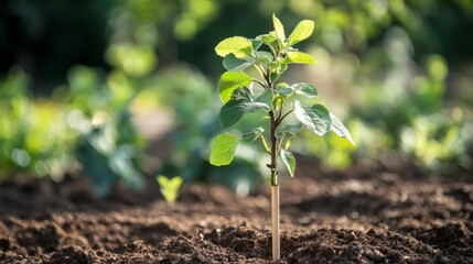 Poster - Close-up of a young tree with a small stake for support, being planted in a garden, highlighting the planting process and early care for the sapling.