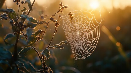 Close-up of a dew-covered spiderweb glistening in the early morning light, with the soft glow of sunrise in the background