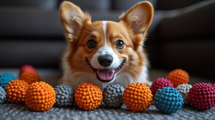 Happy dog surrounded by colorful textured balls on a carpet.