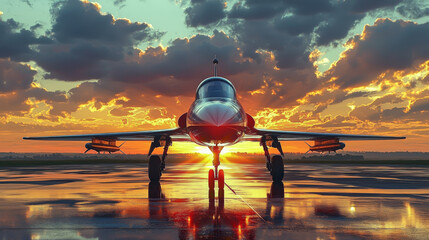 Wall Mural - Jet plane on runway at sunset.