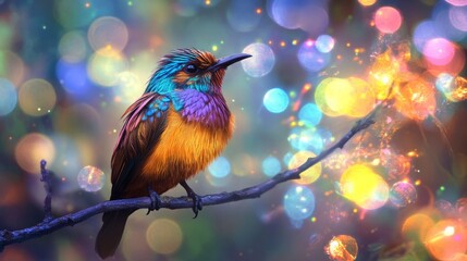 Poster - Close-up of an elegant bird with striking feathers, perched on a branch, with a dazzling background of abstract lights creating a vibrant and artistic effect