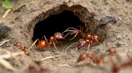 Poster - Close-up of an ant nest with several ants emerging, focusing on the entrance and the busy activity of the ants as they move in and out.