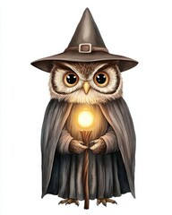 Owl in a wizard robe and pointed hat, holding a glowing staff, wizard owl, wise magical creature, watercolor illustration, cute animal, isolated on white background