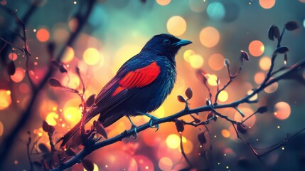 Poster - Close-up of an elegant bird with striking feathers, perched on a branch, with a dazzling background of abstract lights creating a vibrant and artistic effect