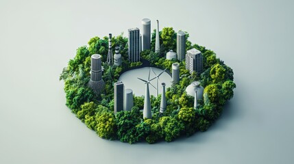 A ring-shaped 3D model with renewable energy sources, sustainable chemical plants, and lush greenery, portraying the future of clean industries and nature