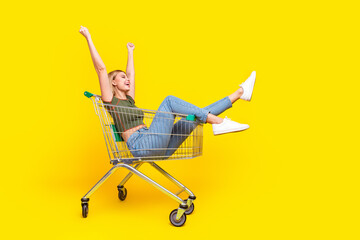 Wall Mural - Full size photo of nice girl dressed khaki crop top sit in shopping cart look empty space fists up isolated on yellow color background