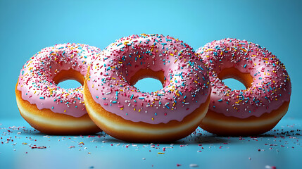 Three pink frosted donuts with sprinkles on a blue background.