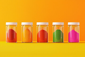 Vibrant organic spice jars filled with colorful powders create lively display against bright orange background. jars showcase spectrum of colors, enhancing visual appeal