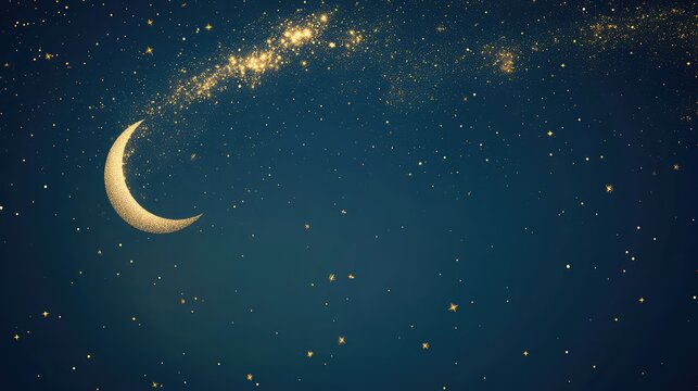 Blue background with scattered golden sparkles and a small moon with a gold cloud in the left corner. Ideal for an elegant and minimalist Mid-Autumn Festival poster