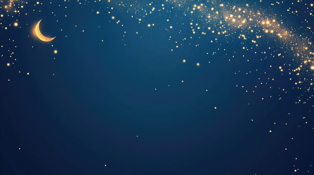 Blue background with scattered golden sparkles and a small moon with a gold cloud in the left corner. Ideal for an elegant and minimalist Mid-Autumn Festival poster
