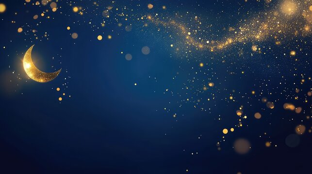 Blue background with scattered golden sparkles, a small moon, and a gold cloud in the left corner. Clean and elegant for a Mid-Autumn Festival poster design