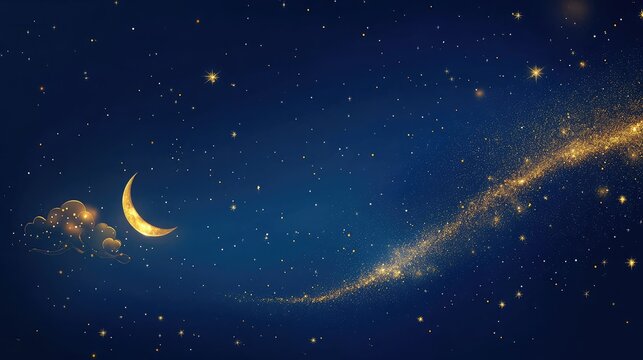 Blue background with scattered golden sparkles, a small moon, and a gold cloud in the left corner. Clean and elegant for a Mid-Autumn Festival poster design