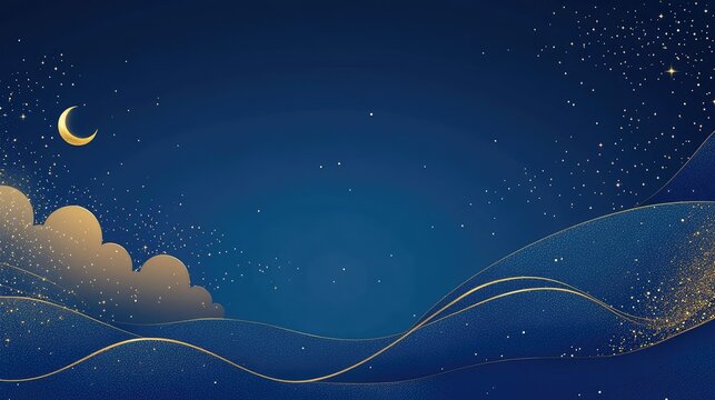 Clean and elegant blue backdrop with golden sparkles, a small moon, and a gold cloud in the left corner. Perfect for a Mid-Autumn Festival poster design