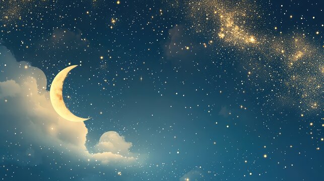 Clean blue background adorned with golden sparkles, featuring a small moon and a gold cloud in the left corner. Perfect for an elegant Mid-Autumn Festival poster