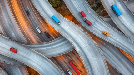 Wall Mural - Traffic flows through a complex highway interchange with various vehicles, including trucks and cars, lit by soft twilight colors in an urban environment