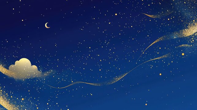Elegant blue background with golden sparkles scattered across, a small moon, and a gold cloud in the left corner. Clean and simple design for a Mid-Autumn Festival poster