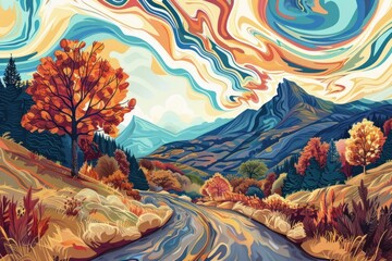 Poster - Illustration road leading to autumn mountain scenery painting art outdoors.