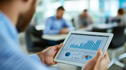 Wall Mural - A business professional is focused on analyzing detailed data charts displayed on a tablet in a contemporary office setting during a meeting