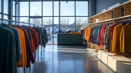 Wall Mural - Bright sunlight filters through large windows, illuminating neatly arranged racks of vibrant sweaters in a contemporary clothing store setting