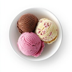 Three scoops of ice cream, chocolate, vanilla, and strawberry, in a white bowl, on a white background.