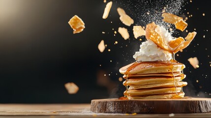 Fluffy pancakes tower topped with whipped cream and sprinkled sugar, creating a deliciously tempting breakfast scene.