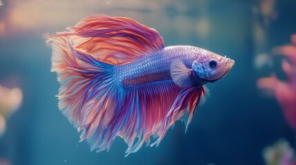 Poster - Detailed shot of a Betta fish with elaborate fins and vivid hues, showcasing its intricate patterns and elegant movement in a crystal-clear tank