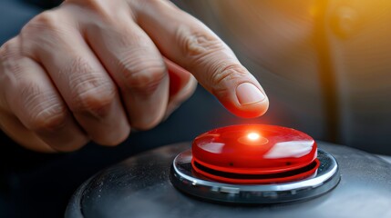 A mysterious hand hovering over a glowing red button, signaling anticipation and potential action